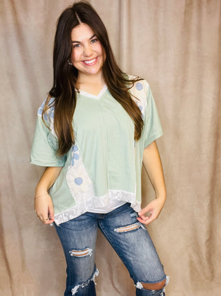 Sage Floral Patchwork Detail Short Sleeve Top