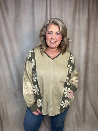 Sage Heavy Waffle Knit Lace Flower Sweatshirt Top