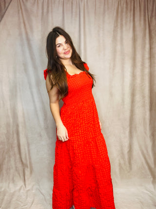 Red Puff Sleeve Maxi Dress