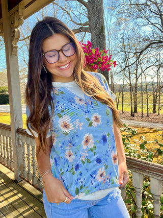 Blue Floral Ribbed Knit Short Sleeve To