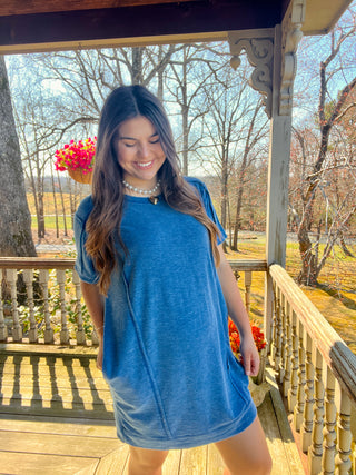 Blue Slub Short Sleeve Pocket Dress