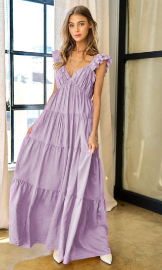 Lilac Ruffle Shirred Maxi Dress
