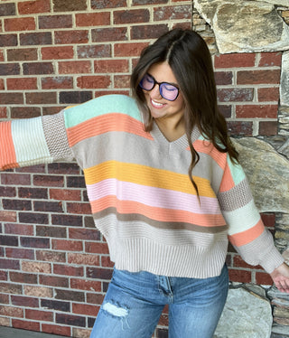 Mocha Brown Combo Stripe V Neck Sweater