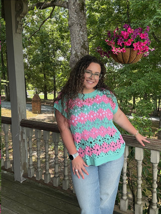 Mint Alternating Floral Crochet Knit Drop Shoulder Top