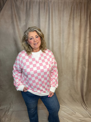 Pink Checkered Print Drop Shoulder Pullover Top