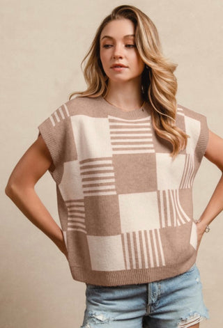 Cocoa Checker Striped Sleeveless Sweater