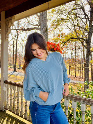 Blue Urban Ribbed Pullover Hoodie