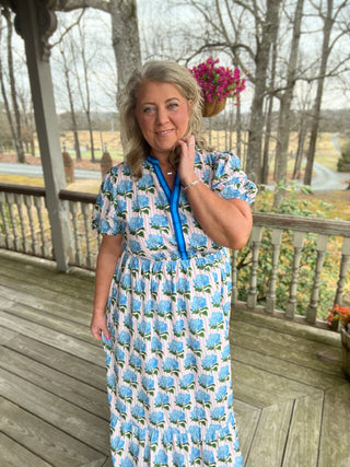 Hydrangea Prim Y-Neck Dress