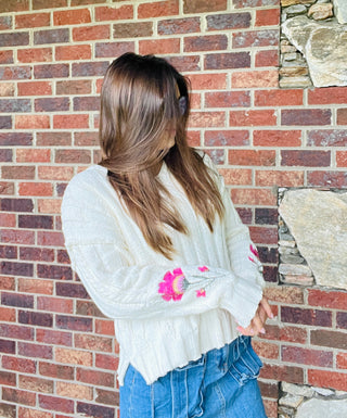 Ivory Flower Embroidered Sleeve Cable Sweater