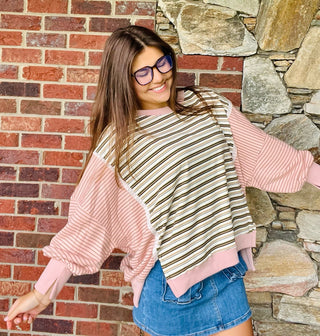 Oatmeal Pink Stripe Mixed Top