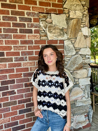 Black Alternating Floral Crochet Knit Drop Shoulder Top