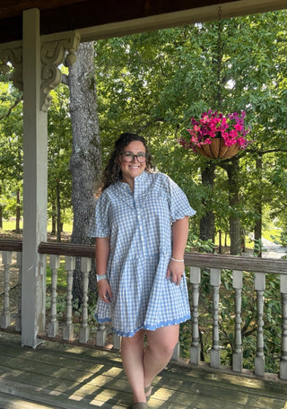 Blue Gingham Button Front Ric Rac Trim Dress