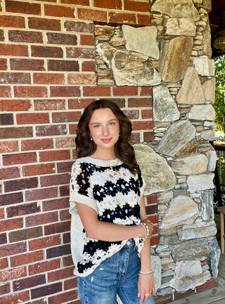 Black Alternating Floral Crochet Knit Drop Shoulder Top