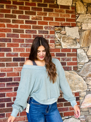 Sage Loose Fit V-Neck Waffle Textured Long Sleeve Top