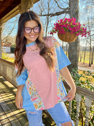 Pink Washed Floral Patchwork Oversized Contrast Tee