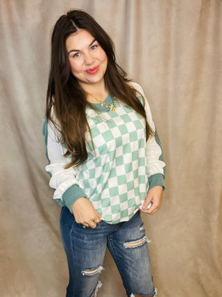 Sage Checkered Print V Neck Pullover