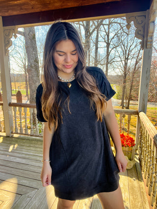 Black Slub Short Sleeve Pocket Dress