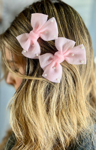 Mini Pink Pearl Bow Clips