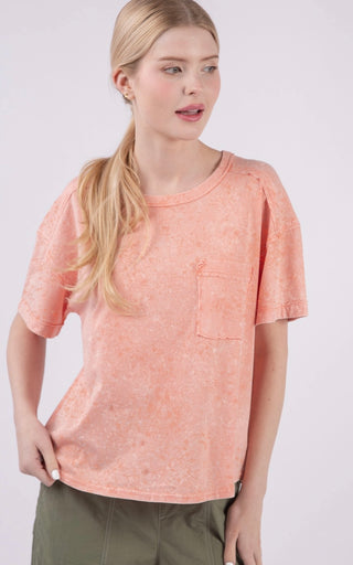 Peach Short Sleeve Washed Comfy Knit Top