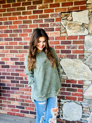 Olive Acid Washed Double Ribbed Pullover