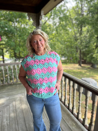 Mint Alternating Floral Crochet Knit Drop Shoulder Top