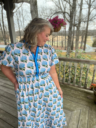 Hydrangea Prim Y-Neck Dress
