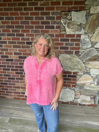 Hot Pink Gauze Henley Top