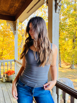 Charcoal Lady's V or U Neckline Reversible Seamless Tank