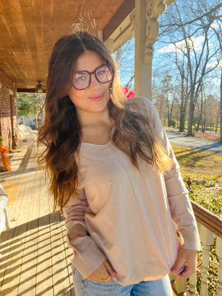 Coconut Stretchy V-Neck Long Sleeve Lightweight Knit Top