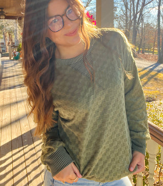 Olive Soft Textured Checker Knit Pullover Sweatshirt