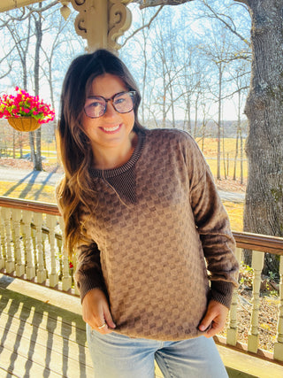 Mocha Soft Textured Checker Knit Pullover Sweatshirt