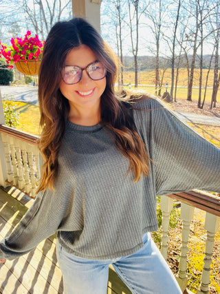 Charcoal Brushed Waffle Fabric Loose Fit Long Sleeve Top