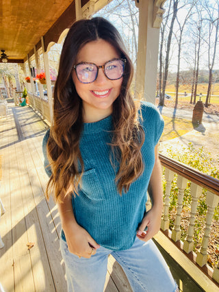 Teal Chenille Short Sleeve Sweater