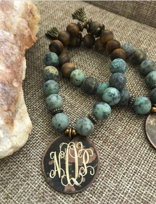 Monogram African Turquoise and Tiger Eye Beaded Bracelet-Personalized Bracelet-Engraved Bracelet