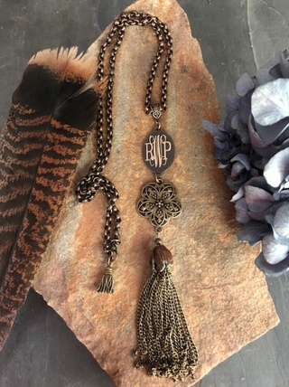 Necklace, Bronze, chain tassel, monogrammed, long 28 inch (Reece's long bronze chain tassel necklace)