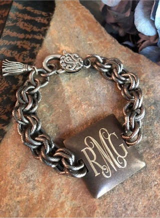 Elaina's Bracelet,brass, square disc, engraved, personalized, monogrammed, antique silver, bronze double link chain