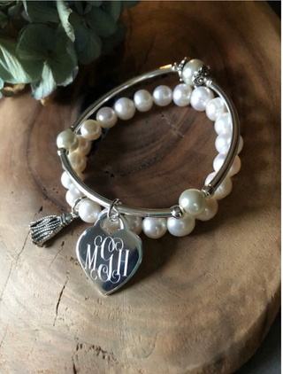 Bracelet, Valentine, Silver, Heart, Pearl, stretch, set 2, personalized, engraved (2021 Valentine Bracelet)