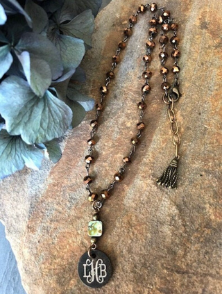Necklace, 19 inch, crystal, abalone, acid washed, disc, engraved, personalized (Bronze crystal w/abalone)Necklace, 19 inch, crystal, abalone, acid washed, disc, engraved, personalized (Bronze crystal w/abalone)
