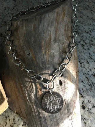 19' Engraved Silver Oval Link Necklace-Chunky Monogram Necklace-Personalized Necklace-Acid Washed