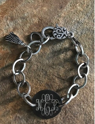 Monogram Silver Oval Link Bracelet-Silver Link Bracelet-Jewelry-Bride-Bridesmaid-Engraved-Acid Washed