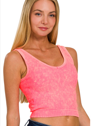 Neon Coral Washed Ribbed Cropped Padded V Neck Top
