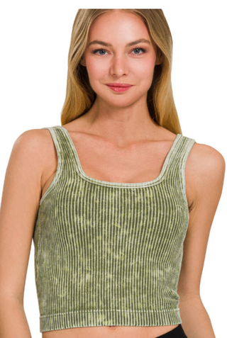 Ash Olive Stone Washed Ribbed Top