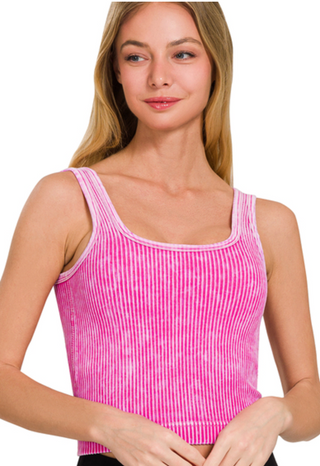 Hot Pink Stone Washed Ribbed Top