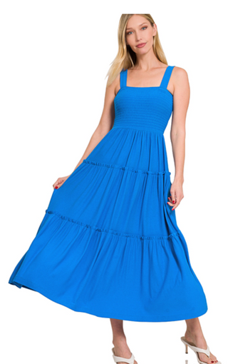 Ocean Blue Smocked Midi Dress