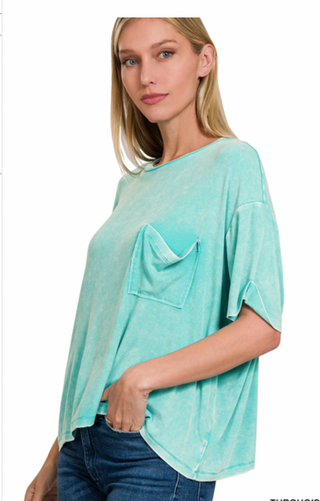 Turquoise Washed Ribbed Cuffed Short Sleeve Top