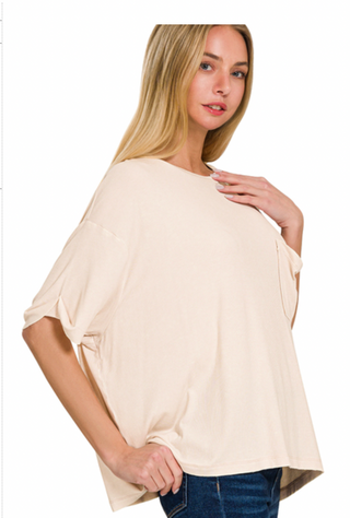 Sand Beige Washed Ribbed Cuffed Short Sleeve Top