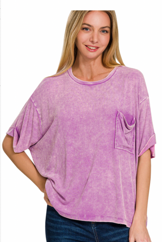 Berry Violet Washed Ribbed Cuffed Short Sleeve Top
