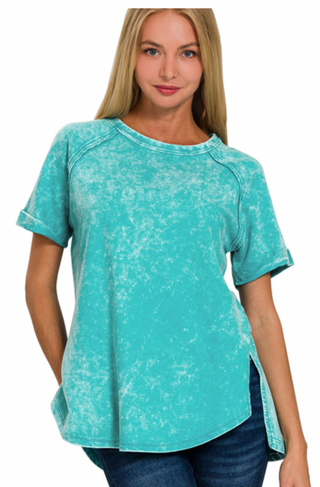 Light Teal Acid Wash French Terry Top