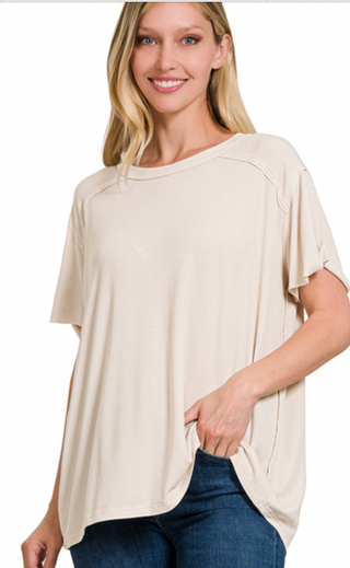 Sand Beige Ribbed Boat Neck Top