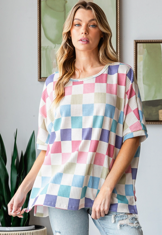 Transitional Multi-Colored Checkered Oversized Top